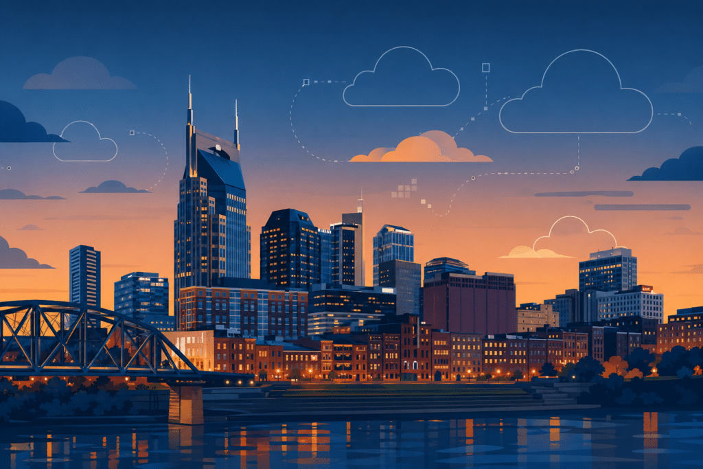 Nashville Tennessee skyline with abstract cloud icons