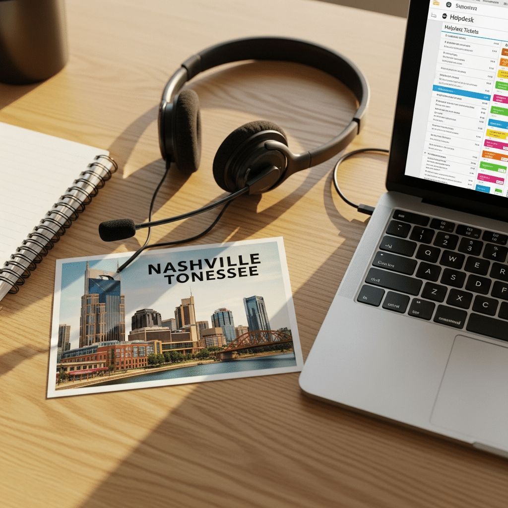 Helpdesk services Nashville technician workstation with support ticket dashboard