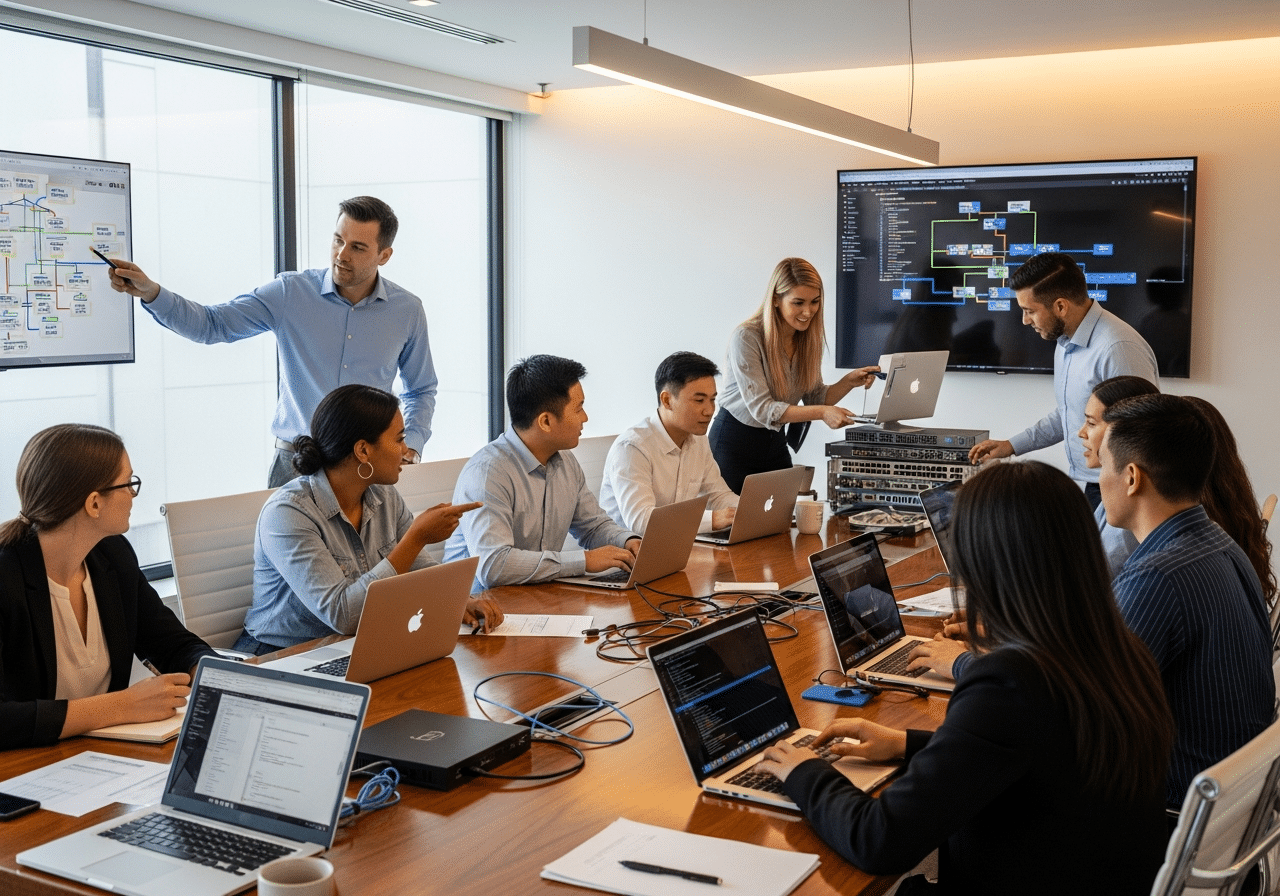Professional IT support team collaborating on managed services for McNeil Burbank businesses