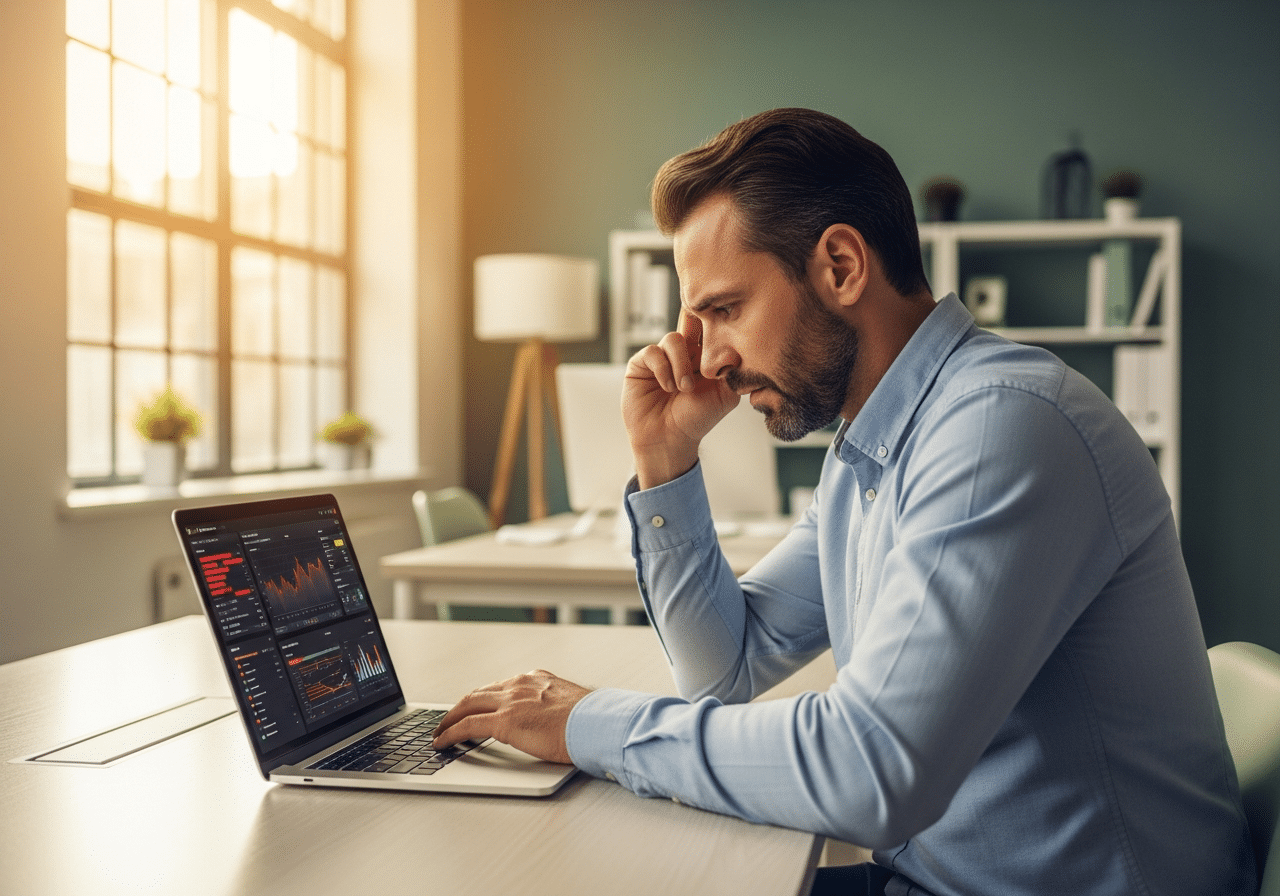 Business owner reviewing IT security and trust concerns on laptop in McNeil Burbank office