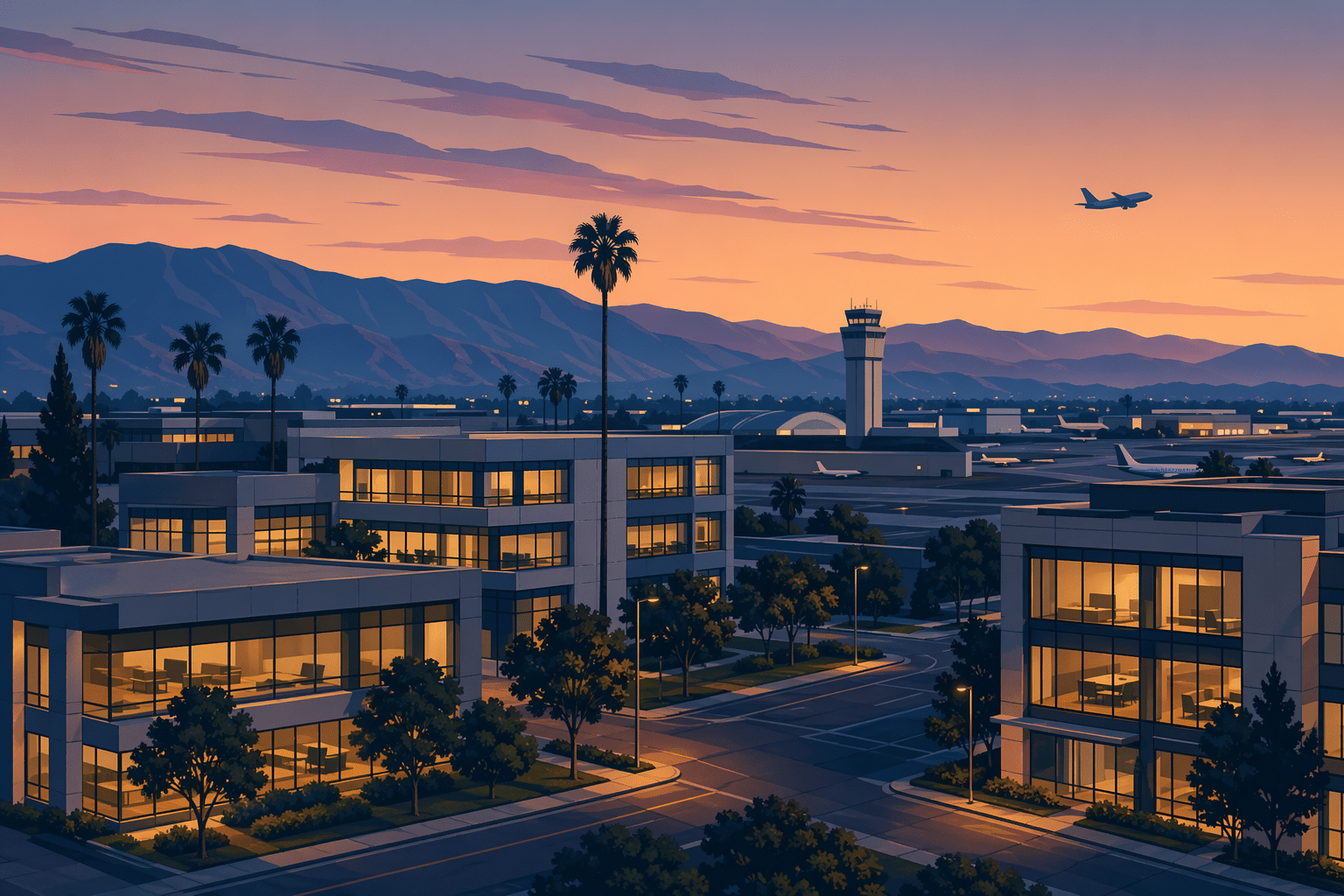 Editorial illustration of the Airport District business corridor near Hollywood Burbank Airport at dusk